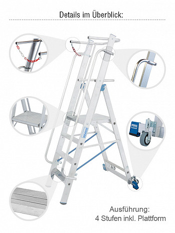 KRAUSE STABILO Plattformleiter mit Handläufen und Sicherheitsbügel + Rollen / 4 Stufen / gemäß TRBS 2121-2